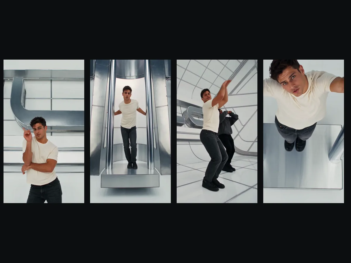 Four frames from a No Scrubs AI video: the pose at the giant chrome TLC letters, the walk down the chrome corridor, the low-angle dance with a side dancer and the overhead shot with arms reaching for the walls
