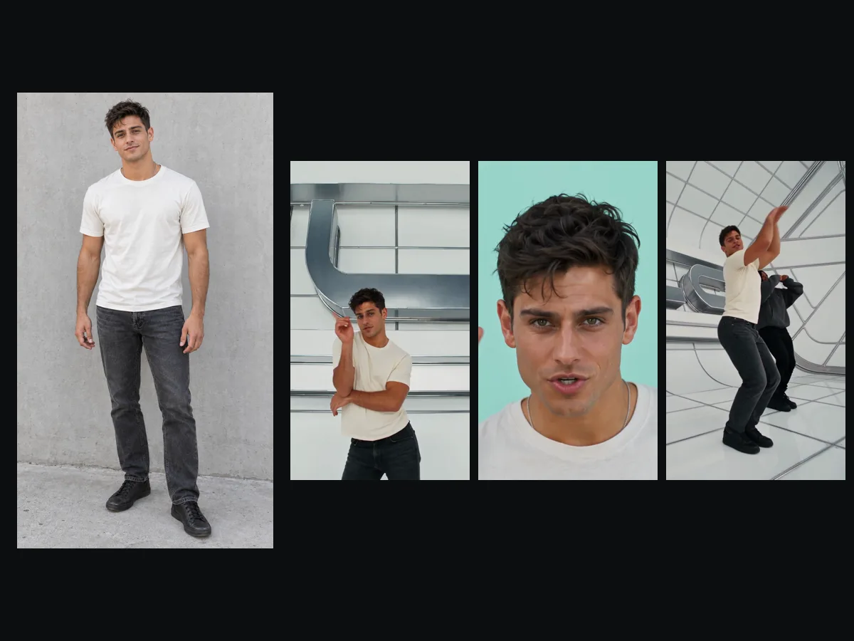 Photo of a young man in a cream T-shirt and black jeans beside three frames of him leading the No Scrubs dance in a video