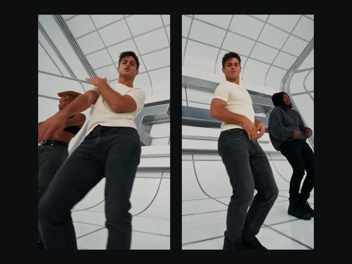 Two low-angle frames from a No Scrubs AI video, the lead dancing beside the side dancers